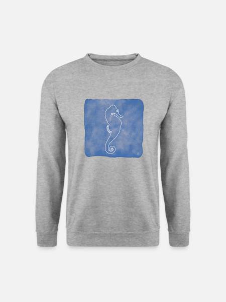 "Seepferdchen", Boho Line Art Design, Serie Ocean - Unisex Pullover - Weißgrau meliert