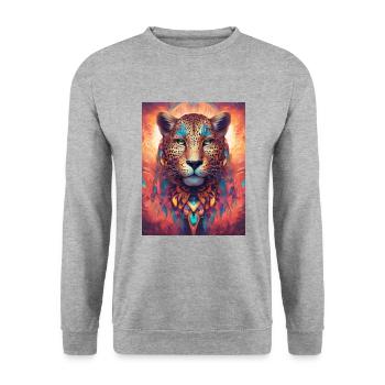 Leopard in Nahaufnahme - leuchtende und fantastische Farben - Unisex Pullover - Weißgrau meliert - Vorne - Alina (178cm) & Michal (187cm)