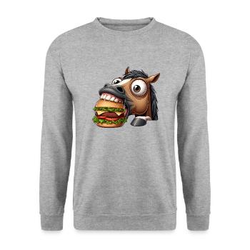 Pferd mit Hamburger Fast Food Lustig - Unisex Pullover - Weißgrau meliert - Vorne - Alina (178cm) & Michal (187cm)