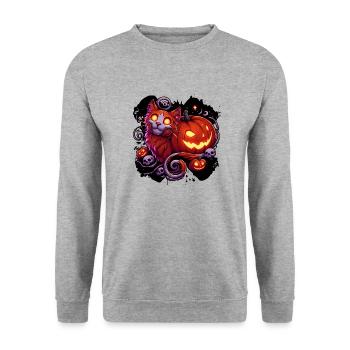 Mystische Katze & leuchtende Kürbisse - Unisex Pullover - Weißgrau meliert - Vorne - Alina (178cm) & Michal (187cm)