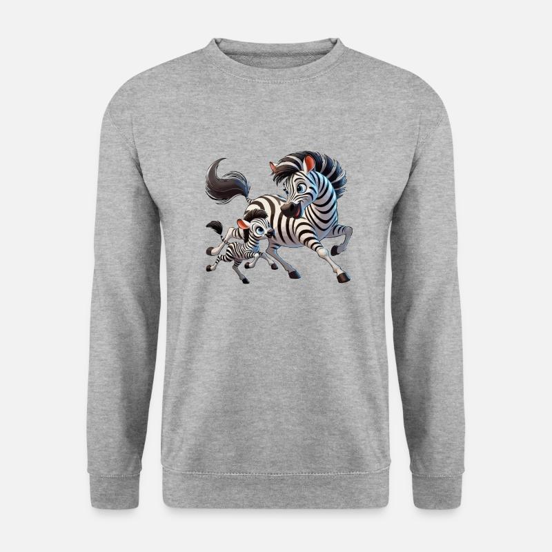 Zebra-Mutter mit herumtollendem Kind - Unisex Pullover - Weißgrau meliert