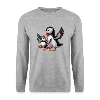 Papageientaucher-Mutter und Kind beim Herumtollen - Unisex Pullover - Weißgrau meliert - Vorne - Alina (178cm) & Michal (187cm)