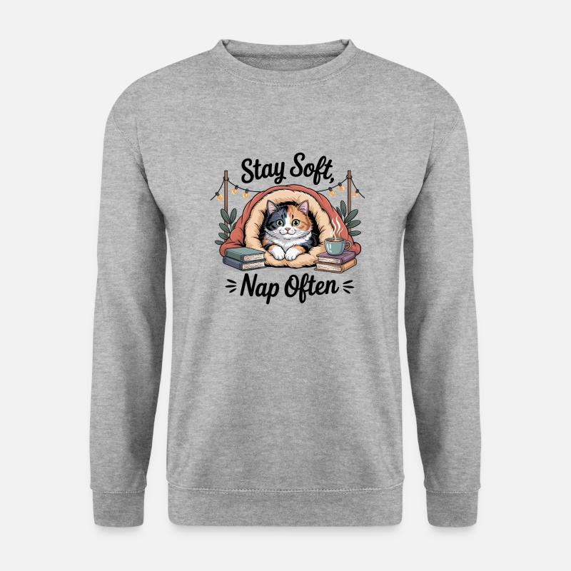 Stay Soft, Nap Often – Kuschelkatze - Unisex Pullover - Weißgrau meliert