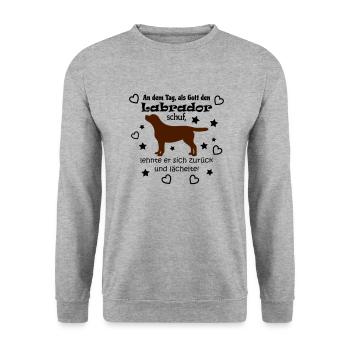 Gott schuf Labrador (braun) - Unisex Pullover - Weißgrau meliert - Vorne - Alina (178cm) & Michal (187cm)
