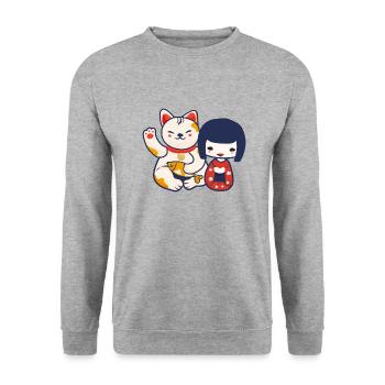 Poupée Kokeshi avec un chat qui porte le chat de Maneki Neko - Sweat-shirt Unisexe - gris chiné - Devant - Alina (178cm) & Michal (187cm)