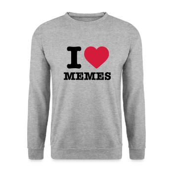 I love Memes Herz rot Spruch Sprüche Meme Geschenk - Unisex Pullover - Weißgrau meliert - Vorne - Alina (178cm) & Michal (187cm)
