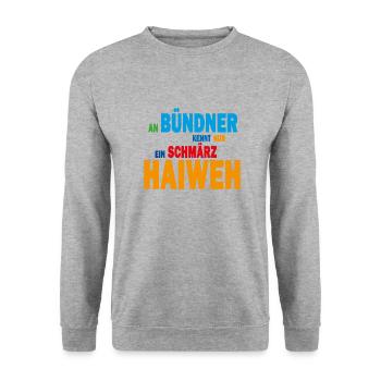 An Bündner kennt nur ein schmärz Haiweh - Unisex Pullover - Weißgrau meliert - Vorne - Alina (178cm) & Michal (187cm)
