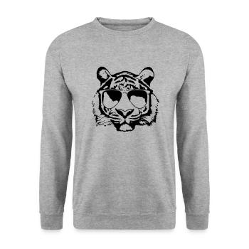 Tiger mit Sonnenbrille Coole Geschenkidee - Unisex Pullover - Weißgrau meliert - Vorne - Alina (178cm) & Michal (187cm)