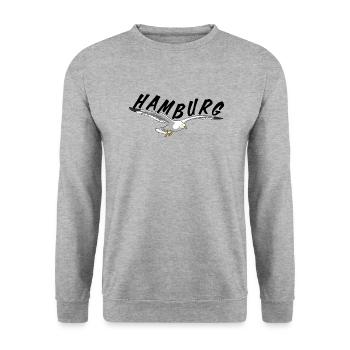 Hamburg über Möwe - schwarz - Unisex Pullover - Weißgrau meliert - Vorne - Alina (178cm) & Michal (187cm)
