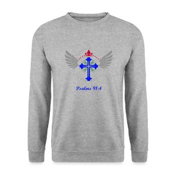 Psaume 91:4, croix, religieux, ailes, couronne, apparition - Sweat-shirt Unisexe - gris chiné - Devant - Alina (178cm) & Michal (187cm)