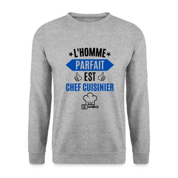L'homme parfait est chef cuisinier - Sweat-shirt Unisexe - gris chiné - Devant - Alina (178cm) & Michal (187cm)