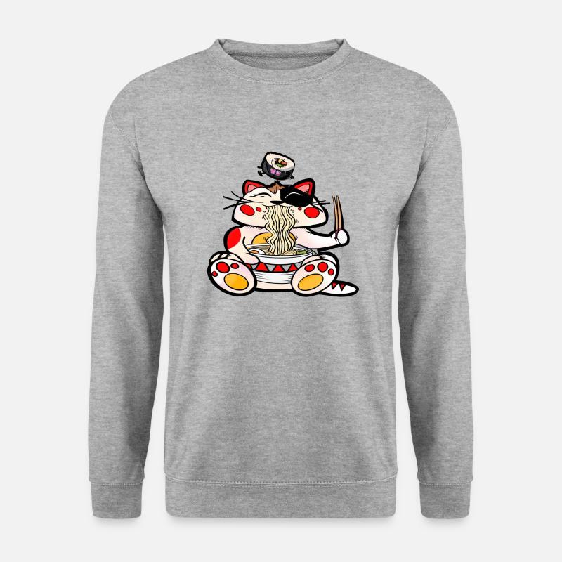 Glückskatze Maneki Neko frisst Nudeln - Unisex Pullover - Weißgrau meliert