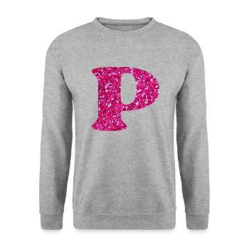 Glitzer rosa Buchstabe p - Unisex Pullover - Weißgrau meliert - Vorne - Alina (178cm) & Michal (187cm)