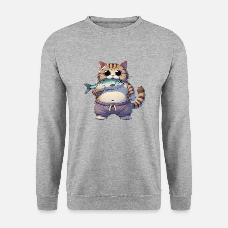 Katze mit Fisch - Unisex Pullover - Weißgrau meliert