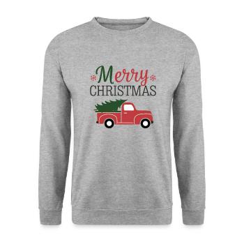 Merry Christmas - Auto mit Weihnachtsbaum - Unisex Pullover - Weißgrau meliert - Vorne - Alina (178cm) & Michal (187cm)