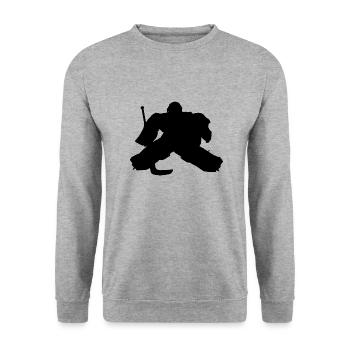 Gardien de but de joueur de hockey sur glace, gardien de but. Hockey sur glace - Sweat-shirt Unisexe - gris chiné - Devant - Alina (178cm) & Michal (187cm)