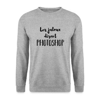 Les jaloux diront Photoshop noir - Sweat-shirt Unisexe - gris chiné - Devant - Alina (178cm) & Michal (187cm)