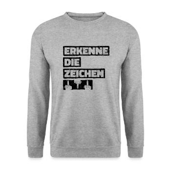 Erkenne die Zeichen. Finger Mittelfinger Fuck You - Unisex Pullover - Weißgrau meliert - Vorne - Alina (178cm) & Michal (187cm)
