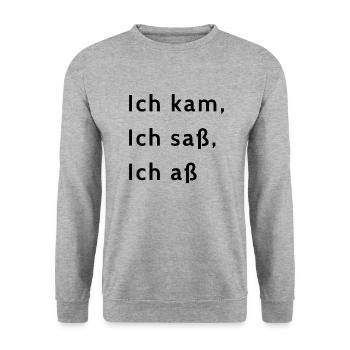 Ich kam, ich saß, ich aß - Unisex Pullover - Weißgrau meliert - Vorne - Alina (178cm) & Michal (187cm)