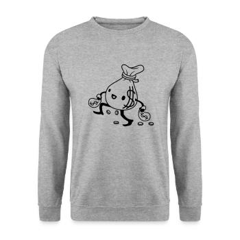 Gehender glücklicher Geldsack Comic - Unisex Pullover - Weißgrau meliert - Vorne - Alina (178cm) & Michal (187cm)
