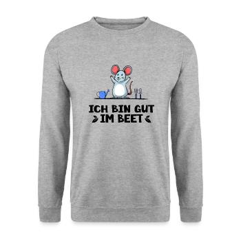 Garten Gärtner "Feldmaus gut im Beet" Gartenarbeit - Unisex Pullover - Weißgrau meliert - Vorne - Alina (178cm) & Michal (187cm)