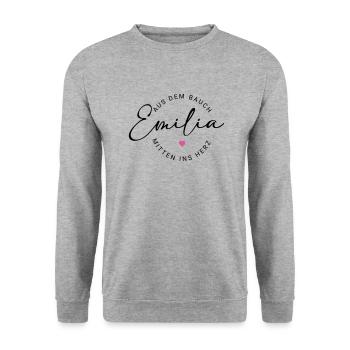 Emilia Name - Unisex Pullover - Weißgrau meliert - Vorne - Alina (178cm) & Michal (187cm)