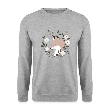 Fuchs mit Blumen - Unisex Pullover - Weißgrau meliert - Vorne - Alina (178cm) & Michal (187cm)