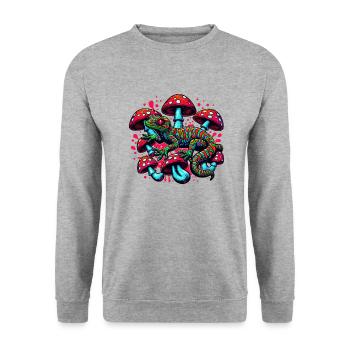 Psychedelischer Gecko mit Pilzen - Unisex Pullover - Weißgrau meliert - Vorne - Alina (178cm) & Michal (187cm)