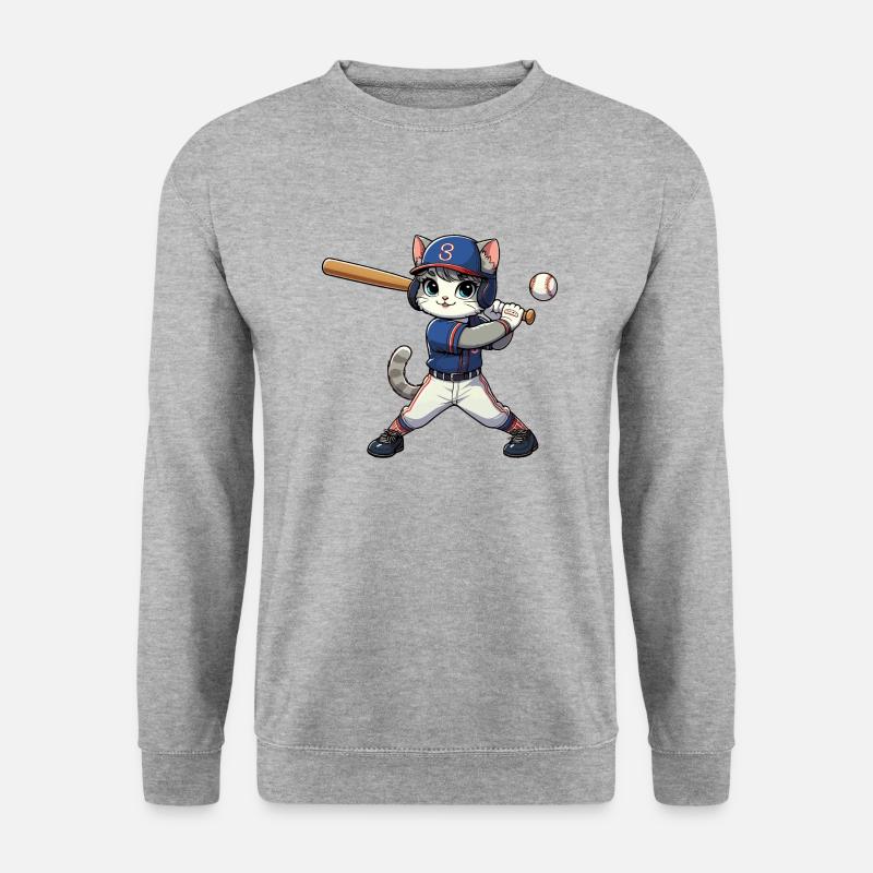 Sportkatze: Baseballspieler - Unisex Pullover - Weißgrau meliert