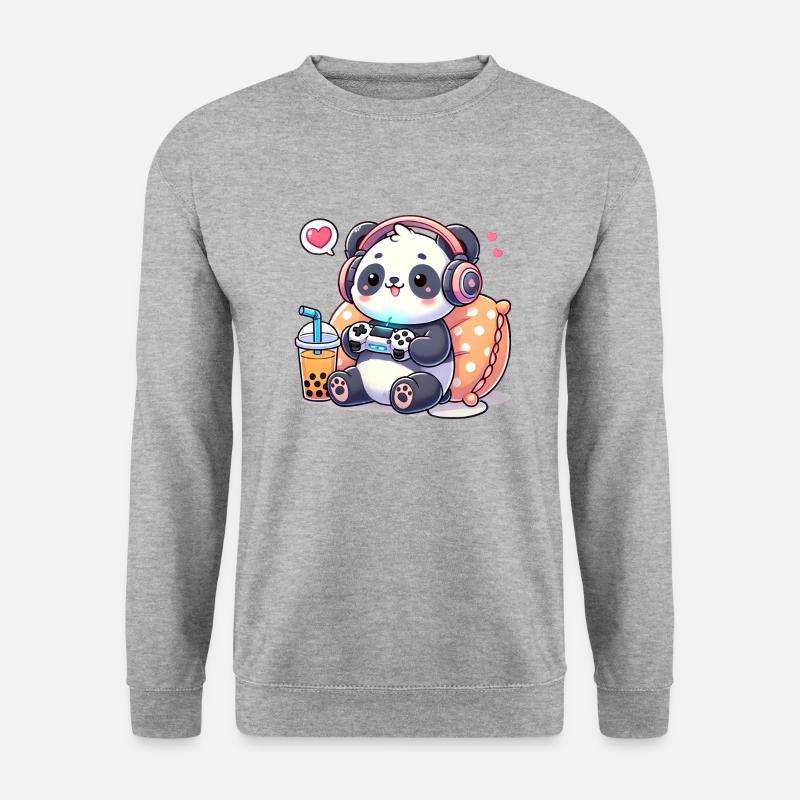 Süßer Panda spielt Videospiele und Boba Tea - Unisex Pullover - Weißgrau meliert