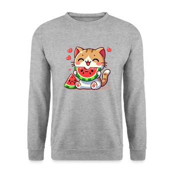 Chat mangeant de la pastèque, Amour des chats kawaii - Sweat-shirt Unisexe - gris chiné - Devant - Alina (178cm) & Michal (187cm)