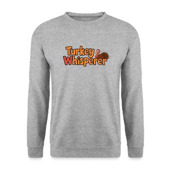 Truthahnflüsterer – Lustiger Thanksgiving-Truthahn - Unisex Pullover - Weißgrau meliert - Vorne - Alina (178cm) & Michal (187cm)