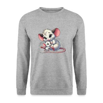 Mausmutter mit Kind - Unisex Pullover - Weißgrau meliert - Vorne - Alina (178cm) & Michal (187cm)