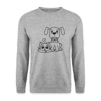 Hund Katze Zwei Freunde Team Kätzchen 2 Duo Crew - Unisex Pullover - Weißgrau meliert - Vorne - Alina (178cm) & Michal (187cm)