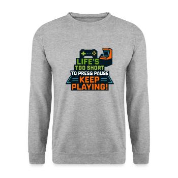 Life's too short to press pause – Keep Playing! - Unisex Pullover - Weißgrau meliert - Vorne - Alina (178cm) & Michal (187cm)