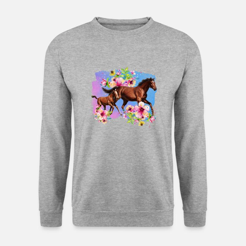 Blumenpferd und Babypferd - Unisex Pullover - Weißgrau meliert