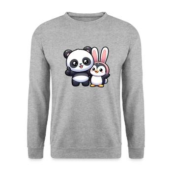Panda und Pinguin - Unisex Pullover - Weißgrau meliert - Vorne - Alina (178cm) & Michal (187cm)