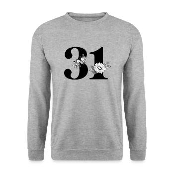 Nummer 31 Schwarze Blumen - 31. Blumengeburtstag - Unisex Pullover - Weißgrau meliert - Vorne - Alina (178cm) & Michal (187cm)