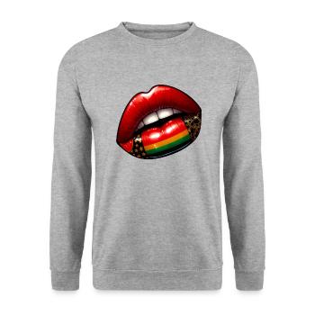 Kuss der Eleganz, rote Lippen - Unisex Pullover - Weißgrau meliert - Vorne - Alina (178cm) & Michal (187cm)