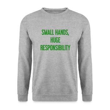 Kleine Hände, riesige Verantwortung Eltern-Spruch - Unisex Pullover - Weißgrau meliert - Vorne - Alina (178cm) & Michal (187cm)