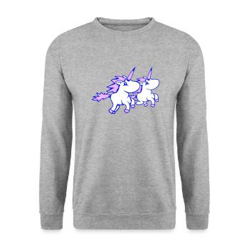 2 Einhörner Team reiten schnell Galopp Freude Crew - Unisex Pullover - Weißgrau meliert - Vorne - Alina (178cm) & Michal (187cm)