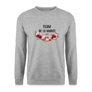 team de la Mariée evjf t-shirt assorti floral - Sweat-shirt Unisexe - gris chiné - Devant - Alina (178cm) & Michal (187cm)