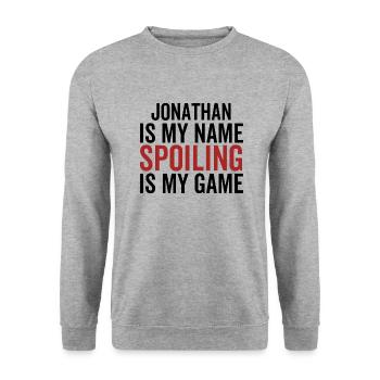 Jonathan ist mein Name Verderben ist mein Spiel - Unisex Pullover - Weißgrau meliert - Vorne - Alina (178cm) & Michal (187cm)