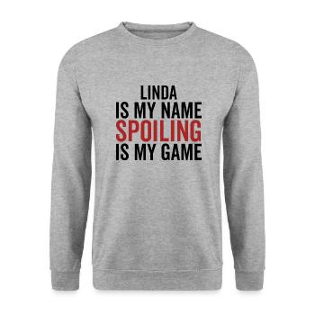 Linda ist mein Name Verderben ist mein Spiel - Unisex Pullover - Weißgrau meliert - Vorne - Alina (178cm) & Michal (187cm)