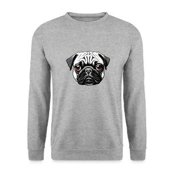 Mops Design Grafik Druck Motiv - Unisex Pullover - Weißgrau meliert - Vorne - Alina (178cm) & Michal (187cm)