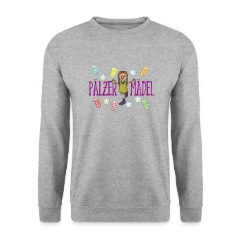 Pälzer Mädel 01 pink - Unisex Pullover - Weißgrau meliert - Vorne - Alina (178cm) & Michal (187cm)