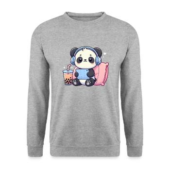 Cute Panda Playing Video games and Boba Tea - Unisex Sweatshirt - salt & pepper - Front - Alina (178cm) & Michal (187cm)