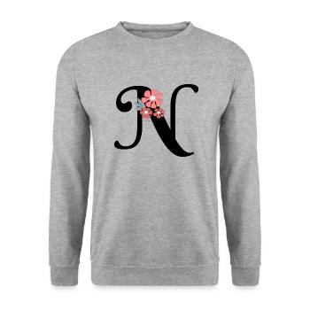 Buchstabe n Minimalistische Blumen - Unisex Pullover - Weißgrau meliert - Vorne - Alina (178cm) & Michal (187cm)