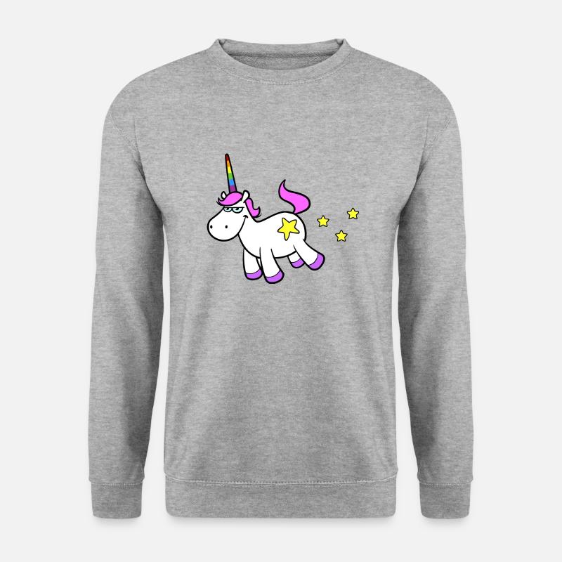 Rosa Cartoon Einhorn beim Pupsen von Sternen - Unisex Pullover - Weißgrau meliert