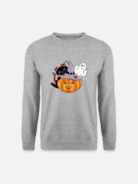 Lächelnder Kürbis mit schwarzer Katze und zwinkerndem Geist - Unisex Pullover - Weißgrau meliert